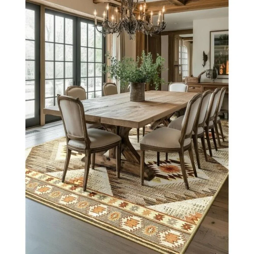 New 5x7 Cream Camel Western Rug, Washable Low Pile Non-Slip Area Carpet for Home